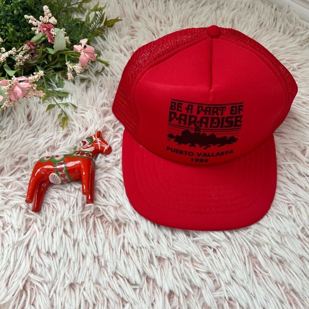 Vintage 80s Crown Red Trucker SnapBack Hat 84 Apart Of Paradise Puerto Vallarta